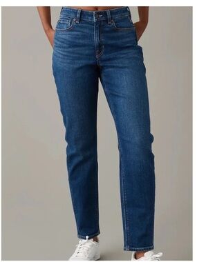 AE Long Length Mom Jeans - Dark Blue Wash